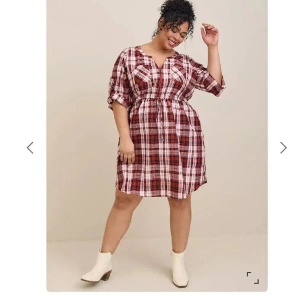 Torrid Red Plaid Seersucker Shirt Dress - Size 0 (L 12)